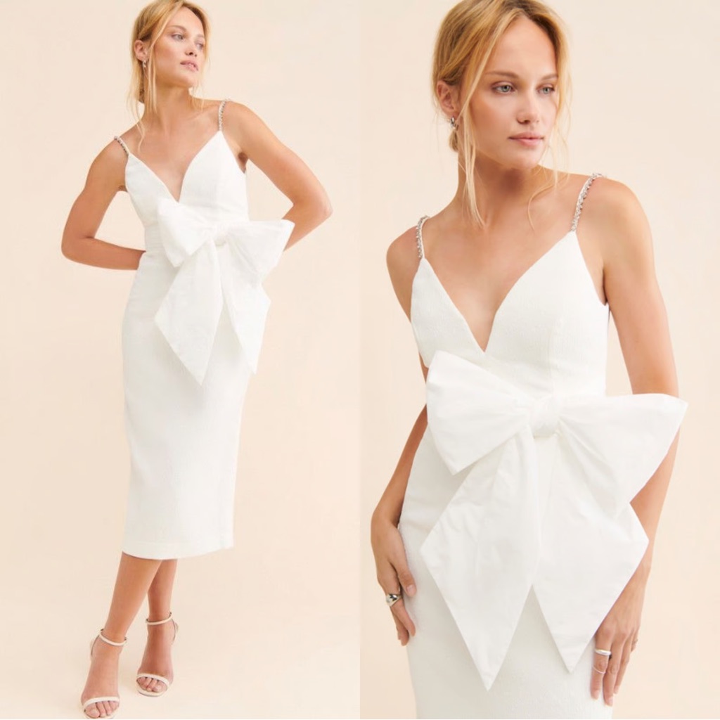 Anthropologie V Neck White Rebecca Vallance Genevieve Sheath Midi Dress Bow Nwot